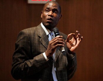 NEW YORK - DECEMBER 17:  Professional Basketball player Dikembe Mutombo speaks during the 'Gimme Shelter' campaign launch at the United Nations Headquarters on December 17, 2008 in New York City.  (Photo by Jemal Countess/Getty Images)