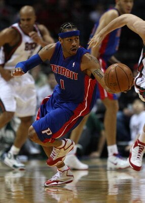 MILWAUKEE - FEBRUARY 07: Allen Iverson #1  of the Detroit Pistons turns upcourt after stealing the ball against the Milwaukee Bucks on February 7, 2009 at the Bradley Center in Milwaukee, Wisconsin. NOTE TO USER: User expressly acknowledges and agreees th