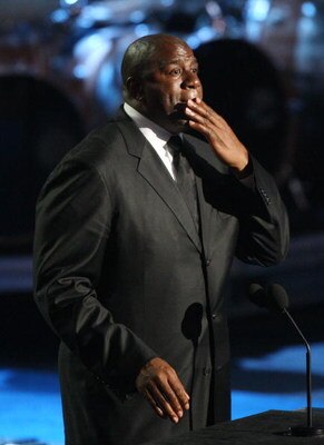 LOS ANGELES, CA - JULY 07:  Former NBA star Magic Johnson pauses as he speaks during the Michael Jackson public memorial service held at Staples Center on July 7, 2009 in Los Angeles, California. Jackson, the iconic pop star, died at the age of 50 at UCLA