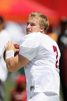 LOS ANGELES, CA - APRIL 25: Quarterback Matt Barkley #7 of the USC Trojans warms up during the spring game on April 25, 2009 at the Los Angeles Memorial Coliseum in Los Angeles, California.  The cardinal team won 16-10.  (Photo by Jeff Golden/Getty Images