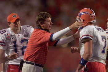 02 Jan 2001:  Head Coach Steve Spurrier of Florida speaks with his starting quarterback Brock Berlin #7 in the first quarter against Maryland during the Orange Bowl at Pro Player Stadium in Miami, Florida.    <<Digital Image>> Mandatory Credit: Andy Lyons