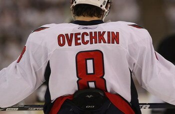 PITTSBURGH - MAY 11: Alex Ovechkin #8 of the Washington Capitals waits for a faceoff against the Pittsburgh Penguins during Game Six of the Eastern Conference Semifinal  Round of the 2009 Stanley Cup Playoffs at Mellon Arena on May 11, 2009 in Pittsburgh,