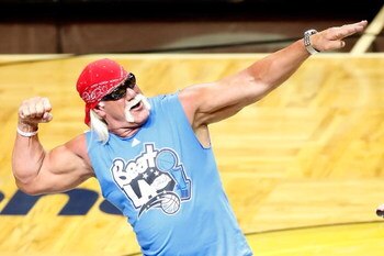 ORLANDO, FL - JUNE 11:  Wrestler Hulk Hogan performs on the court during a timeout at Game Four of the 2009 NBA Finals between the Los Angeles Lakers and the Orlando Magic on June 11, 2009 at Amway Arena in Orlando, Florida.  NOTE TO USER:  User expressly