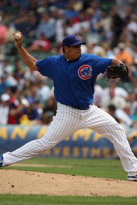 CHICAGO - JUNE 18: Carlos Zambrano #38 of the Chicago Cubs pitches against the Chicago White Sox during the game on June 18, 2009 at Wrigley Field in Chicago, Illinois. (Photo by Jonathan Daniel/Getty Images)
