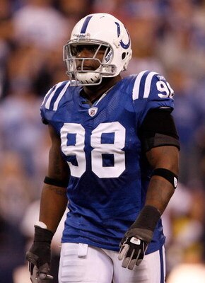 INDIANAPOLIS - NOVEMBER 16:  Robert Mathis #98 of the Indianapolis Colts waits for play against the Houston Texans during the game at Lucas Oil Stadium on November 17, 2008 in Indianapolis, Indiana.  (Photo by Harry How/Getty Images)