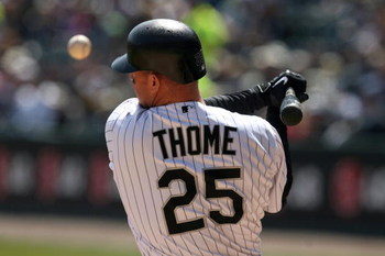 CHICAGO - APRIL 09: Jim Thome #25 of the Chicago White Sox fouls off a pitch in the bottom of the first inning against the Kansas City Roayls at U.S. Cellular Field on April 9, 2009 in Chicago, Illinois. (Photo by Jonathan Daniel/Getty Images)