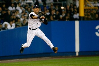 NEW YORK - APRIL 01:  Derek Jeter #2 of the New York Yankees makes the throw to second for the out to end the third inning after fielding the hit by Alex Rios #15 of the Toronto Blue Jays during Opening Day at Yankee Stadium April 1, 2008 in the Bronx bor