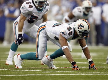INDIANAPOLIS - DECEMBER 31: Jason Taylor #99 of the Miami Dolphins gets ready to move at the snap during the game against the Indianapolis Colts at the RCA Dome on December 31, 2006 in Indianapolis, Indiana. Indianapolis won the game 27-22. (Photo by Greg