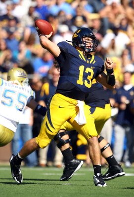 BERKELEY, CA - OCTOBER 25:  Quarterback Kevin Riley #13 of the Cal Golden Bears drops back to pass during the second quarter against the UCLA Bruins at Memorial Stadium on October 25, 2008 in Berkeley, California.  (Photo by Jeff Gross/Getty Images)
