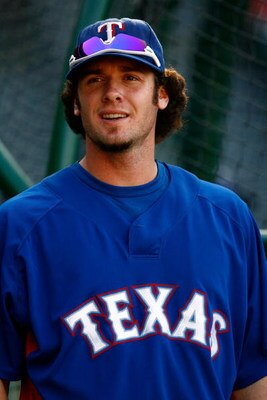 ANAHEIM, CA - JULY 07:  Jarrod Saltalamacchia #21 of the Texas Rangers takes batting practice prior to the game against the Los Angeles Angels of Anaheim at Angel Stadium on July 7, 2009 in Anaheim, California.  (Photo by Jeff Gross/Getty Images)