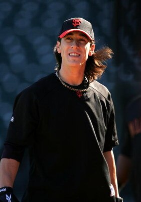 SAN FRANCISCO - AUGUST 26:  Tim Lincecum #55 of the San Francisco Giants takes batting practice before their game against the Arizona Diamondbacks at AT&T Park on August 26, 2009 in San Francisco, California.  (Photo by Ezra Shaw/Getty Images for Reebok)