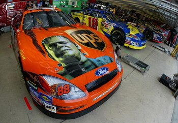 HAMPTON,GA - OCTOBER 30 : The #88 UPS Ford of Dale Jarrett carries a new livery with the image of Frankenstein  during practice for the NASCAR Nextel Cup Series Bass Pro Shops MBNA 500 on October 30, 2004 at the Atlanta Motor Speedway in Hampton, Georgia.
