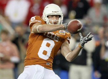 GLENDALE, AZ - JANUARY 05:  Wide receiver Jordan Shipley #8 of the Texas Longhorns makes a reception against the Ohio State Buckeyes during the first quarter of the Tostitos Fiesta Bowl Game on January 5, 2009 at University of Phoenix Stadium in Glendale,