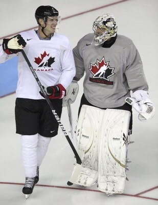 CALGARY, AB - AUGUST 24: Goaltender Marc-Andre Fleury talks with Jordan Staal during the second practice of the Team Canada Olympic Orientation Camp on August 24, 2009 at the Pengrowth Saddledome in Calgary, Alberta, Canada. (Photo by Mike Ridewood/Getty 