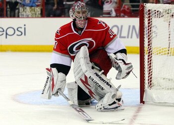 RALEIGH, NC - MAY 26:  Cam Ward #30 of the Carolina Hurricanes skates against the Pittsburgh Penguins during Game Four of the Eastern Conference Championship Round of the 2009 Stanley Cup Playoffs at RBC Center on May 26, 2009 in Raleigh, North Carolina. 