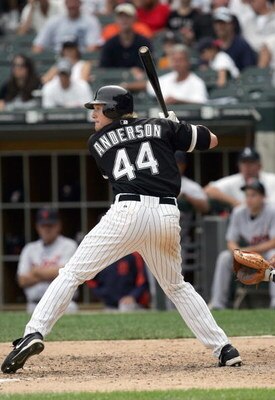 CHICAGO - AUGUST 13: Brian Anderson # 44 of the Chicago White Sox steps into his swing against the Detroit Tigers on August 13, 2006 at U.S. Cellular Field in Chicago, Illinois. The White Sox defeated the Tigers 7-3 to sweep the three-game series. (Photo 
