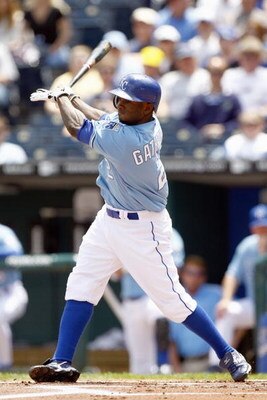KANSAS CITY, MO - MAY 15:  Joey Gathright #2 of the Kansas City Royals swings at the pitch against the Detroit Tigers on May 15, 2008 at Kauffman Stadium in Kansas City, Missouri. The Royals defeated the Tigers 8-4. (Photo by G. Newman Lowrance/Getty Imag