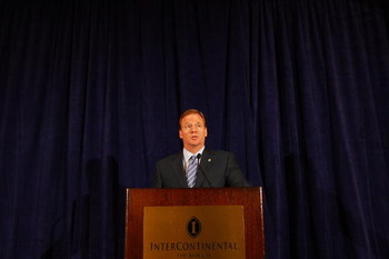 NEW YORK - JULY 27:  NFL Commissioner Roger Goodell answers questions from the media after reinstating Michael Vick on a conditional basis on July 27, 2009 at the InterContinental Hotel in New York City.  (Photo by Mike Stobe/Getty Images)