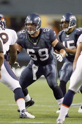 SEATTLE - AUGUST 22:  Guard Steve Vallos #69 of the Seattle Seahawks guards the line during the game against the Denver Broncos on August 22, 2009 at Qwest Field in Seattle, Washington. (Photo by Otto Greule Jr/Getty Images)   