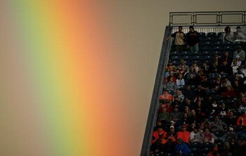 DENVER - AUGUST 19:  A heavy rainstorm prior to the game gave way to a rainbow at sunset as fans watch the Tennessee Titans face the Denver Broncos during preseason NFL action on August 19, 2006 at Mile High Stadium at Invesco Field in Denver, Colorado.  