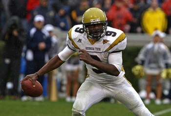 ATHENS, GA - NOVEMBER 29:  Quarterback Josh Nesbitt #9 of the Georgia Tech Yellow Jackets scrambles in the pocket during the game against the Georgia Bulldogs at Sanford Stadium on November 29, 2008 in Athens, Georgia.  The Yellow Jackets defeated the Bul