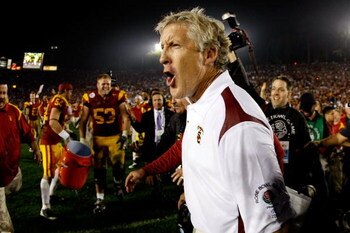 PASADENA, CA - JANUARY 01:  Head coach Pete Carroll of the USC Trojans celebrates after defeating the Penn State Nittany Lions at the 95th Rose Bowl Game presented by Citi on January 1, 2009 at the Rose Bowl in Pasadena, California.  (Photo by Harry How/G