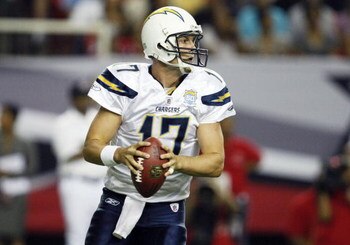 ATLANTA - AUGUST 29:  Quarterback Philip Rivers #17 of the San Diego Chargers drops back to pass during the game against the Atlanta Falcons at the Georgia Dome on August 29, 2009 in Atlanta, Georgia.  The Falcons beat the Chargers 27-24.  (Photo by Mike 