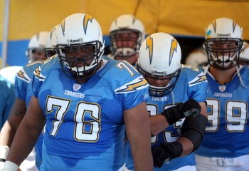 SAN DIEGO - OCTOBER 14: Defensive Tackle Jamal Williams #76, Defensive End Luis Castillo #93 and Defensive End Igor Olshansky #99 of the San Diego Chargers walk through the tunnel prior to their game against the Oakland Raiders on October 14, 2007 at Qual