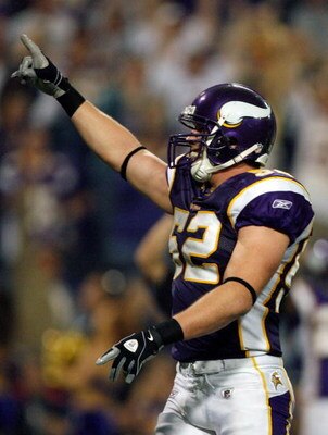 MINNEAPOLIS - NOVEMBER 02:  Chad Greenway #52 of the Minnesota Vikings celebrates an interception against the Houston Texans during the third quarter at the Hubert H. Humphrey Metrodome on November 2, 2008 in Minneapolis, Minnesota.  The vikings won 28-21