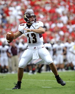 ATHENS, GA - SEPTEMBER 6: Quarterback Dan LeFevour #13 of the  Central Michigan Chippewas sets to pass against the Georgia Bulldogs at Sanford Stadium on September 6, 2008 in Athens, Georgia.  (Photo by Al Messerschmidt/Getty Images)
