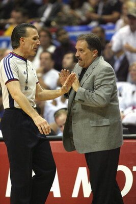 ORLANDO, FL - JUNE 14:  Head coach Stan Van Gundy of the Orlando Magic talks with referee Ken Mauer #41 during Game Five of the 2009 NBA Finals against the Los Angeles Lakers on June 14, 2009 at Amway Arena in Orlando, Florida. The Lakers won 99-86. NOTE 