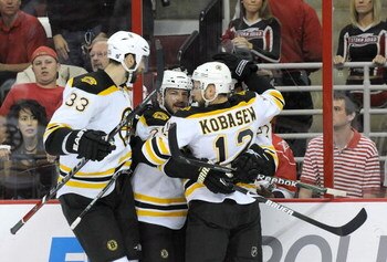 RALEIGH, NC - MAY 12:  Boston Bruins players Zdeno Chara #33 and Chuck Kobasew #12 celebrate after a goal by teammate Mark Recchi #28 in the first period against the Carolina Hurricanes during Game Six of the Eastern Conference Semifinal Round of the 2009