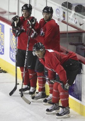 CALGARY, AB - AUGUST 24: Linemates (from left) Sidney Crosby, Rick Nash and Jarome Iginla during the second practice of the Team Canada Olympic Orientation Camp on August 24, 2009 at the Pengrowth Saddledome in Calgary, Alberta, Canada. (Photo by Mike Rid