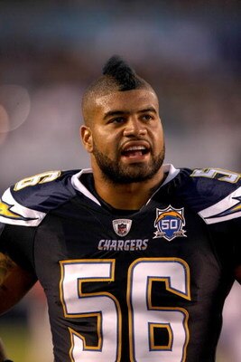 SAN DIEGO - AUGUST 15:  Linebacker Shawne Merriman #56 of the San Diego Chargers stands on the sideline in the game against the Seattle Seahawks on August 15, 2009 at Qualcomm Stadium in San Diego, California.  (Photo by Stephen Dunn/Getty Images)