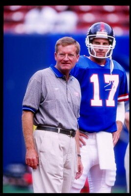 28 Sep 1997:  Head coach Jim Fassel with quarterback Dave Brown #17 of the New York Giants during the Giants 14-9 win over the New Orleans Saints at Giants Stadium in East Rutherford, New Jersey. Mandatory Credit: Al Bello  /Allsport