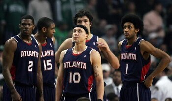 BOSTON - MAY 04:  Mike Bibby #10 of the Atlanta Hawks looks up at the scoreboard during a time out in Game Seven of the Eastern Conference Quarterfinals during the 2008 NBA Playoffs on May 4, 2008 at the TD Banknorth Garden in Boston, Massachusetts.  NOTE