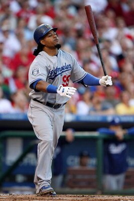 PHILADELPHIA - OCTOBER 10:  Manny Ramirez #99 of the Los Angeles Dodgers reacts after he popped out in the top of the third inning against the Philadelphia Phillies in Game Two of the National League Championship Series during the 2008 MLB playoffs on Oct