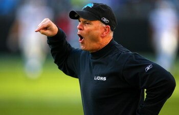 CHARLOTTE, NC - NOVEMBER 16:  Head coach Rod Marinelli of the Detroit Lions yells at a referee against the Carolina Panthers at Bank of America Stadium on November 16, 2008 in Charlotte, North Carolina.  (Photo by Streeter Lecka/Getty Images)