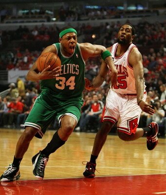 CHICAGO - APRIL 30: Paul Pierce #34 of the Boston Celtics drives past John Salmons #15 of the Chicago Bulls in Game Six of the Eastern Conference Quarterfinals during the 2009 NBA Playoffs at the United Center on April 30, 2009 in Chicago, Illinois. The B