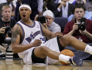 WASHINGTON - MAY 05:  Caron Butler #3 of the Washington Wizards reacts to a call in game six of the Eastern Conference Quarterfinals against the Cleveland Cavaliers during the 2006 NBA Playoffs on May 5, 2006 at the Verizon Center in Washington, DC. The C