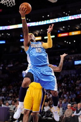 LOS ANGELES, CA - MAY 21:  Carmelo Anthony #15 of the Denver Nuggets lays the ball up while taking on the Los Angeles Lakers in Game Two of the Western Conference Finals during the 2009 NBA Playoffs at Staples Center on May 21, 2009 in Los Angeles, Califo