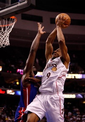 PHILADELPHIA - MAY 01:  Andre Iguodala #9 of the Philadelphia 76ers goes to the basket against the block of Jason Maxiell #54 of the Detroit Pistons in Game Six of the Eastern Conference Quarterfinals during the 2008 NBA Playoffs on May 1, 2008 at the Wac