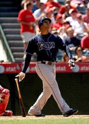 ANAHEIM, CA - AUGUST 12:  Carlos Pena  #23 of the Tampa Bay Rays bats against the Los Angeles Angels of Anaheim on August 12, 2009 at Angel Stadium in Anaheim, California.  The Angels won 10-5.  (Photo by Stephen Dunn/Getty Images)