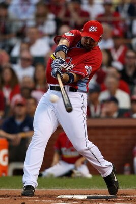 ST LOUIS, MO - JULY 13:  National League All-Star Adrian Gonzalez of the San Diego Padres competes in the State Farm Home Run Derby at Busch Stadium on July 13, 2009 in St. Louis, Missouri.  (Photo by Elsa/Getty Images)