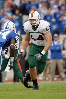 DURHAM, NC - OCTOBER 18:  Jason Fox #64 of the Miami Hurricanes moves to block during the game against the Duke Blue Devils at Wallace Wade Stadium on October 18, 2008 in Durham, North Carolina.  (Photo by Kevin C. Cox/Getty Images)