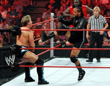 LAS VEGAS - AUGUST 24:  Wrestlers Chris Jericho (L) and MVP compete during the WWE Monday Night Raw show at the Thomas & Mack Center August 24, 2009 in Las Vegas, Nevada.  (Photo by Ethan Miller/Getty Images)