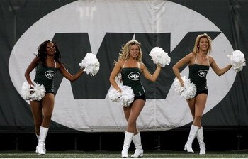 EAST RUTHERFORD, NJ - SEPTEMBER 03:  The New York Jets cheerleaders perform during the game against the Philadelphia Eagles on September 3, 2009 at Giants Stadium in East Rutherford, New Jersey. The Jets defeated the Eagles 38-27.  (Photo by Jim McIsaac/G