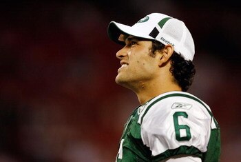EAST RUTHERFORD, NJ - SEPTEMBER 3: Mark Sanchez #6 smiles after his team scored a touchdown during the game against the Philadelphia Eagles on September 3, 2009 at Giants Stadium in East Rutherford, New Jersey. (Photo by Jared Wickerham/Getty Images)