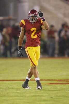 LOS ANGELES - NOVEMBER 29:  Taylor Mays #2 of the USC Trojans gestures as he lines up against the Notre Dame Fighting Irish on November 29, 2008 at the Los Angeles Memorial Coliseum in Los Angeles, California.  USC won 38-3.  (Photo by Jeff Golden/Getty I