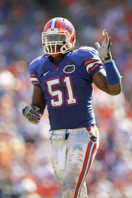 GAINESVILLE, FL - SEPTEMBER 27:  Brandon Spikes #51 of the Florida Gators walks on the field during the game against the Mississippi Rebels at Ben Hill Griffin Stadium on September 27, 2008 in Gainesville, Florida.  (Photo by Sam Greenwood/Getty Images)